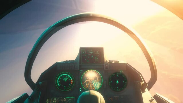 The video captures the breathtaking view from the cockpit of a military jet as it flies through the clouds