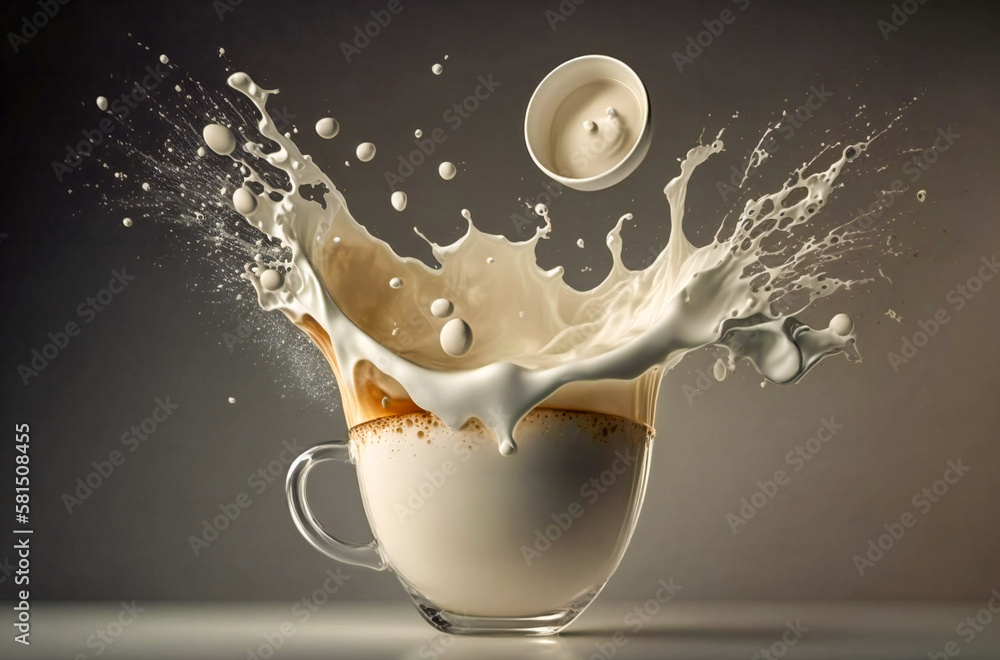 Aufkleber surreal disintegration of a cup with milk and liquid chocolate or coffee splashing out. created with