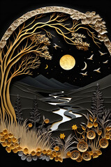Quilling  style papercut detailed landscape. Fictional illustration. Created with Generative AI technology.