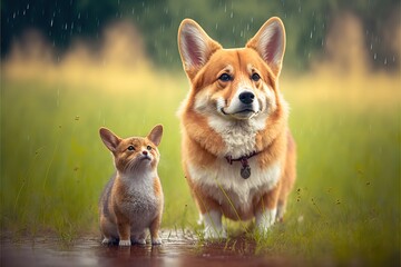 furry friends red cat and corgi dog walking in a summer meadow under the drops of warm rain, AI generated