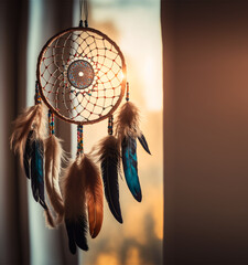 Dream catcher native american in the wind and blurred bright light backgrounds, abstract hope and dream concepts. Generative Ai - 581509063