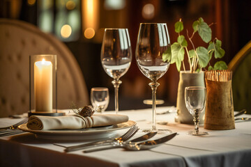 Close up of a dinning table setup in a restaurant. Created with Generative AI technology.