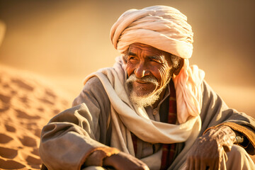 Portrait of a smiling Bedouin man in the desert. Created with Generative AI technology.