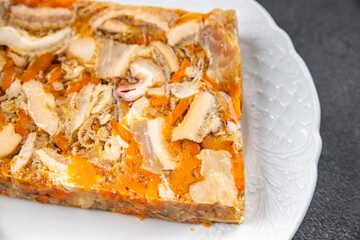 meat tripe mini beef meat Normandy cider  in jelly healthy meal food snack on the table copy space food background rustic top view