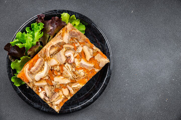 meat tripe mini beef meat Normandy cider  in jelly healthy meal food snack on the table copy space food background rustic top view