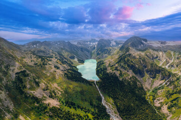 Summer Landscape beautiful mountains Altai with Upper Multinskoye lake, Aerial top view