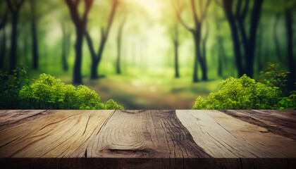 Fototapeta na wymiar Wooden table and spring forest background, generative ai