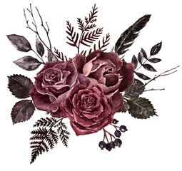 A floral arrangement made in vintage Victorian style. Watercolor black, red, and purple roses and dark foliage bouquet. Hand-painted graphic.