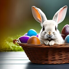 Coelhinho branco em cesta cheia de ovos de Páscoa (White bunny in basket full of easter eggs) - generative IA