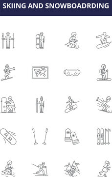 Skiing and snowboadrding line vector icons and signs. Snowboarding, Slalom, Moguls, Freestyle, Alpine, Racing, Glade, Jumping outline vector illustration set