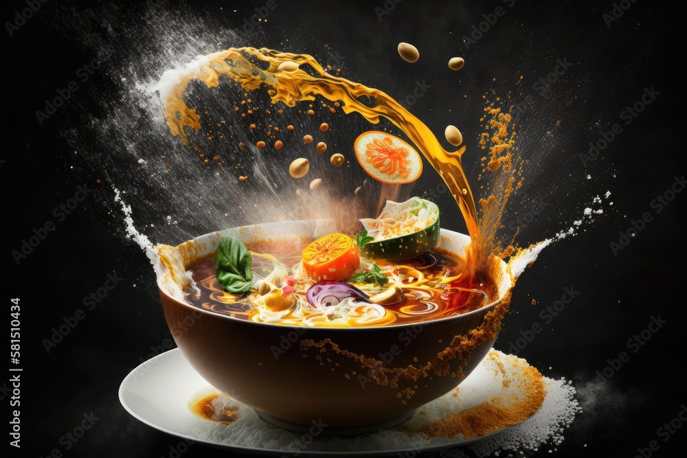 Poster curry soup splashes into the air in a bowl. every ingredient on this picture can be used in your men