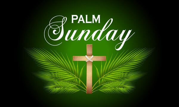Palm Sunday background. It has a cross surrounded by palm leaves.Photo/raster illustration