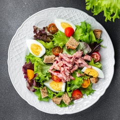 bacon salad, Vosges salad, egg, crouton, lettuce, salad dressing vinaigrette Lorraine cuisine healthy meal food snack on the table copy space food background rustic top view