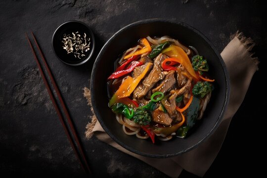 Japchae in a black bowl on a tabletop made of dark slate. Glass chapchae noodles with a pork and vegetable sauce is a dish from Korean cuisine. Asian style cuisine. A genuine dinner. a top view