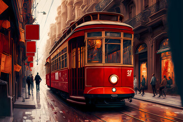 Abstract illustration of red tram on famous Istiklal street in Istanbul, AI generated