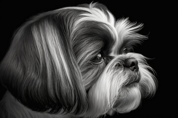 attractive black and white Close up of a Shih Tzu dog's head and side of his face while feeling his eyes and emphasizing the concept of an attentive canine. Generative AI