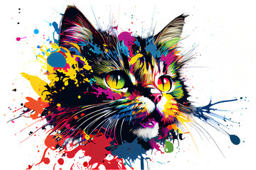 An angry cat face. The animal emotions. Pop art illustration of a predator, the wild animal in a creative style with an explosion of colours, and white background.