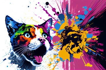 An attacker. An angry cat face. Pop art illustration of a predator, the wild animal in a creative style with an explosion of colours, and white background.