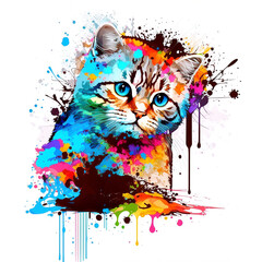 A cute kitty. The cat pop art illustration is creatively painted with an explosion of colours on a white background. A lovely picture of a pet.