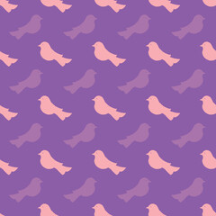 seamless repeat pattern with simple pink bird design element on a purple background perfect for fabric, scrap booking, wallpaper, gift wrap projects
