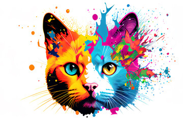 The cat's face in a close-up view. A lovely pet portrait in a creative style illustration. Pop art image is creatively painted with an explosion of colours on a white background.