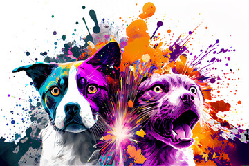 Dogs attack. Incompatibility of animal characters in a creative style illustration. Pop art image is creatively painted with an explosion of colours on a white background.
