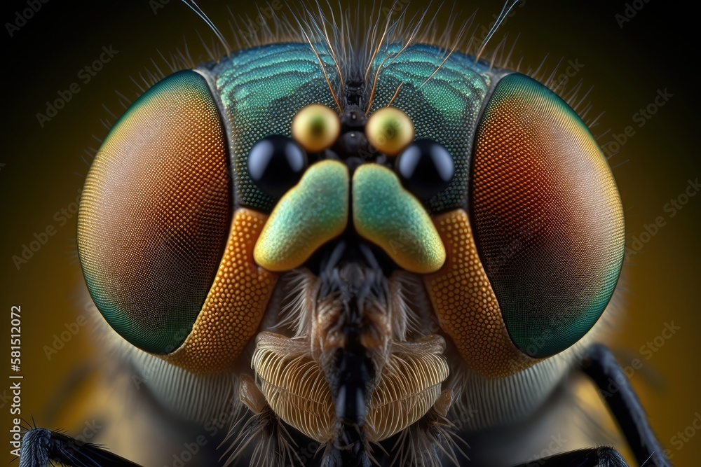 Wall mural extreme magnification, front view of the fly's head. Generative AI