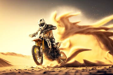 Naklejka na ściany i meble stunt racer performing stunt on motorcycle on dusty road with sand motorsport, generative ai, created with generative ai