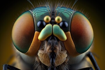 extreme magnification, front view of the fly's head. Generative AI