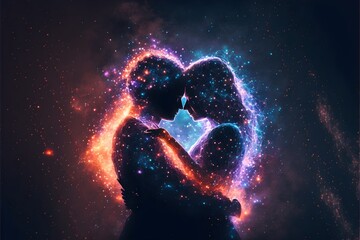 Obraz premium abstract background of couple of lovers silhouettes in colorful neon lights, AI generated