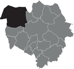 Black flat blank highlighted location map of the  GHLIN DISTRICT inside gray administrative map of MONS, Belgium