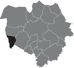 Black flat blank highlighted location map of the  FLÉNU DISTRICT inside gray administrative map of MONS, Belgium