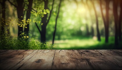 Wooden table and spring forest background, generative ai