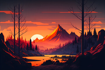 Simple illustration of mountains on the sunset, AI generated