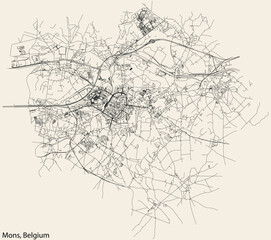 Detailed hand-drawn navigational urban street roads map of the Belgian city of MONS, BELGIUM with solid road lines and name tag on vintage background