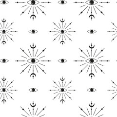 Seamless pattern with seeing eyes, crescent moon and lines.