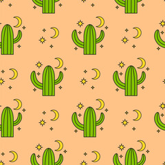 Seamless pattern with cactuses and crescent moon, stars.