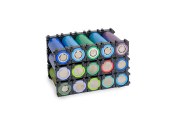 Reused Li ion 18650 battery pack in holder on white.