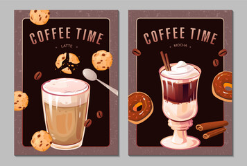 Coffee time posters. Coffee types flyers collection. Latte, mocha. A hot drink. Vector template for banners, promotions, flyers.