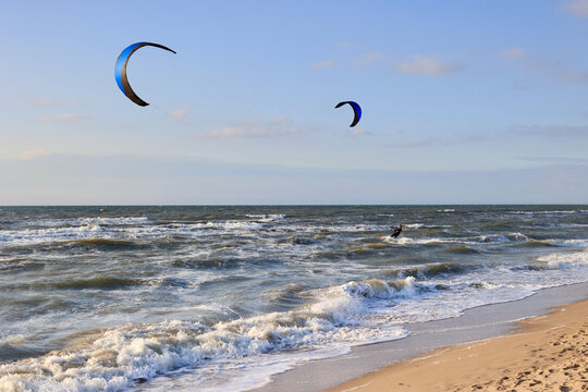 Kiteboarder at the Dutch North Sea coast. Wassenaar, Netherlands. 