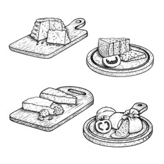 Traditional Italian cheese set. Ricotta, Burratta, Gorgonzola and Parmesan with basil leaves and tomatoes on the cutting wooden board. Hand drawn sketch style. Vector illustration isolated on white.