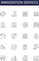 Immigration services line vector icons and signs. Services, Visa, Consultants, Lawyer, Processing, Applications, Residency, Green Card outline vector illustration set - obrazy, fototapety, plakaty