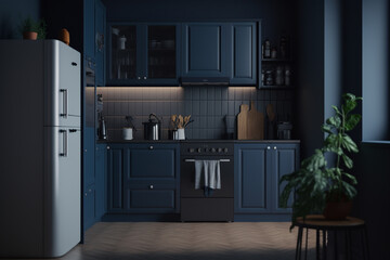 Dark blue interior kitchen, Generative AI