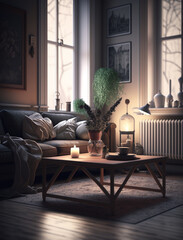 Cozy living room close up concept with warm light and sofa, Generative AI
