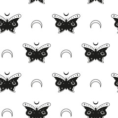 Seamless pattern with crescent moon, black and outline butterflies, stars.