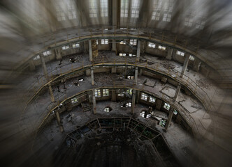Abandoned multi-storey circular building interior top view with motion blur.