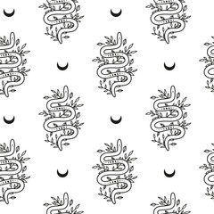Seamless pattern with snakes, crescents, leaves and moon phases.