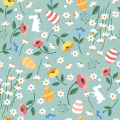 Cute hand drawn Easter seamless pattern with bunnies, flowers, Easter eggs, beautiful background, great for Easter Cards, banner, textiles, wallpapers.