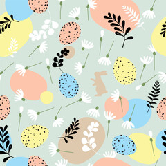 Cute hand drawn Easter seamless pattern with bunnies, flowers, Easter eggs, beautiful background, great for Easter Cards, banner, textiles, wallpapers.