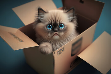 Fototapeta na wymiar An adorable Himalayan kitten in a cardboard box, the perfect furry companion. Generative AI.